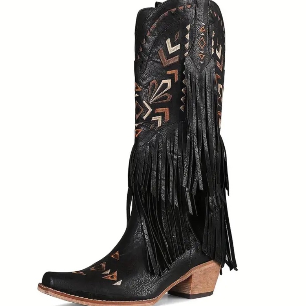 Western fringe embroidered black cowgirl boots NEW in box
